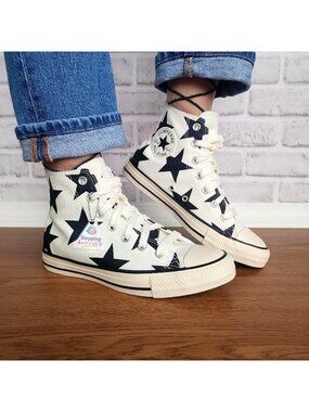 ⭐CONVERSE Chuck Taylor All Star Large Stars 7.5 Womens Shoes White Black A09898F